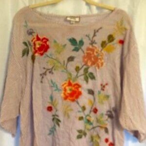 Very Pretty! Johnny Was Workshp Purple & White Stripes Embroidered Flowers sz LG